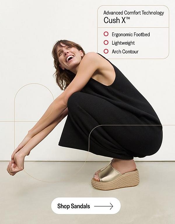 Woman wearing black dress with CushX Espadrille Sandals From FitFlop EU